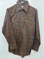 New Men’s LEE Brown Plaid Long Sleeve Pearl Snap 14.5 Small M-55