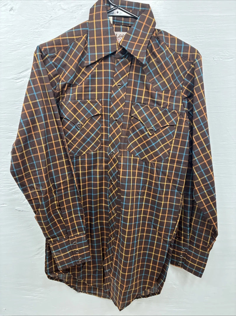 New Men’s LEE Brown Plaid Long Sleeve Pearl Snap 14.5 Small M-55
