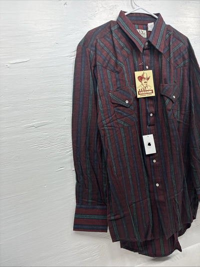 New Men’s ELY Cattleman Red Multicolor Stripe Long Sleeve Pearl Snap XL T-45