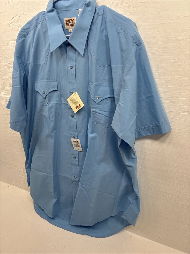New Men’s ELY Cattleman Blue Simple Short Sleeve Pearl Snap 2XL F-84