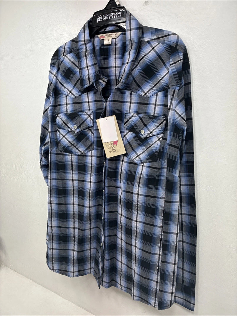New Women’s Cumberland Blue Black Plaid Long Sleeve Pearl Snap XL GG-64