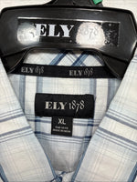 New Men’s ELY 1878 White Blue Plaid Long Sleeve Pearl Snap XL J-38