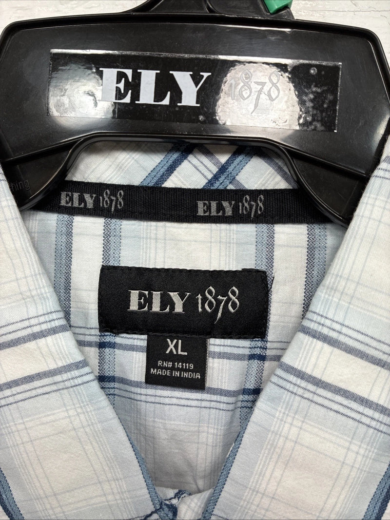 New Men’s ELY 1878 White Blue Plaid Long Sleeve Pearl Snap XL J-38