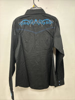 New Women’s Cumberland Black Blue Design Long Sleeve Pearl Snap Large GG-87