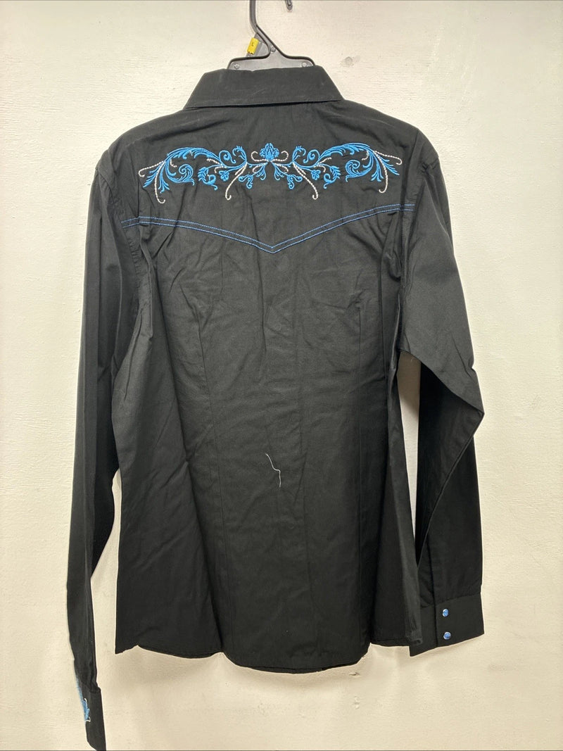 New Women’s Cumberland Black Blue Design Long Sleeve Pearl Snap Large GG-87
