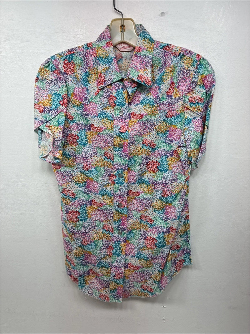 New Women’s H Bar C Multicolor Design Short Sleeve Pearl Snap Size 34 LL-89