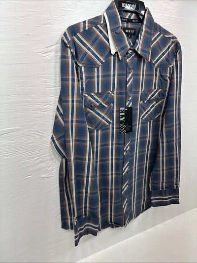 New Men’s ELY 1878 Blue Brown Plaid Long Sleeve Pearl Snap XL T-13
