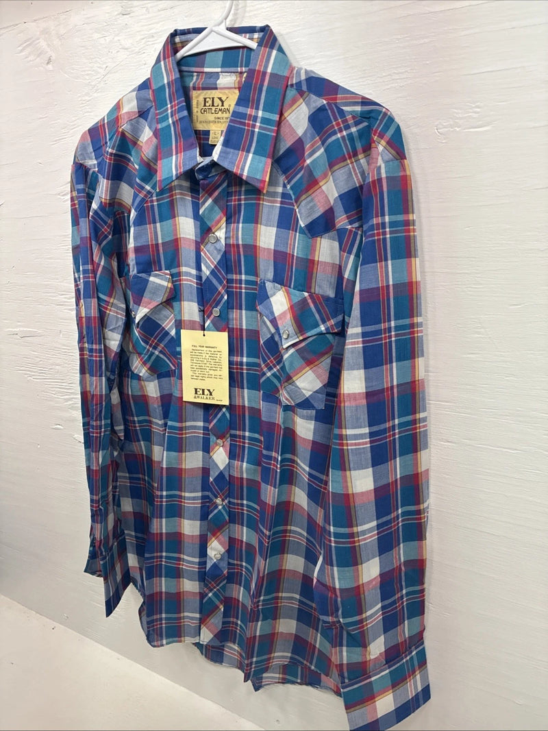 New Men’s ELY Cattleman Blue Multicolor Plaid Long Sleeve Pearl Snap Large X-17