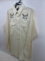 New Men’s White Horse Yellow Bull Design Long Sleeve Pearl Snap Large CC-33