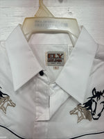 New Men’s ELY Cattleman White Horse Design Long Sleeve Pearl Snap Large X-23