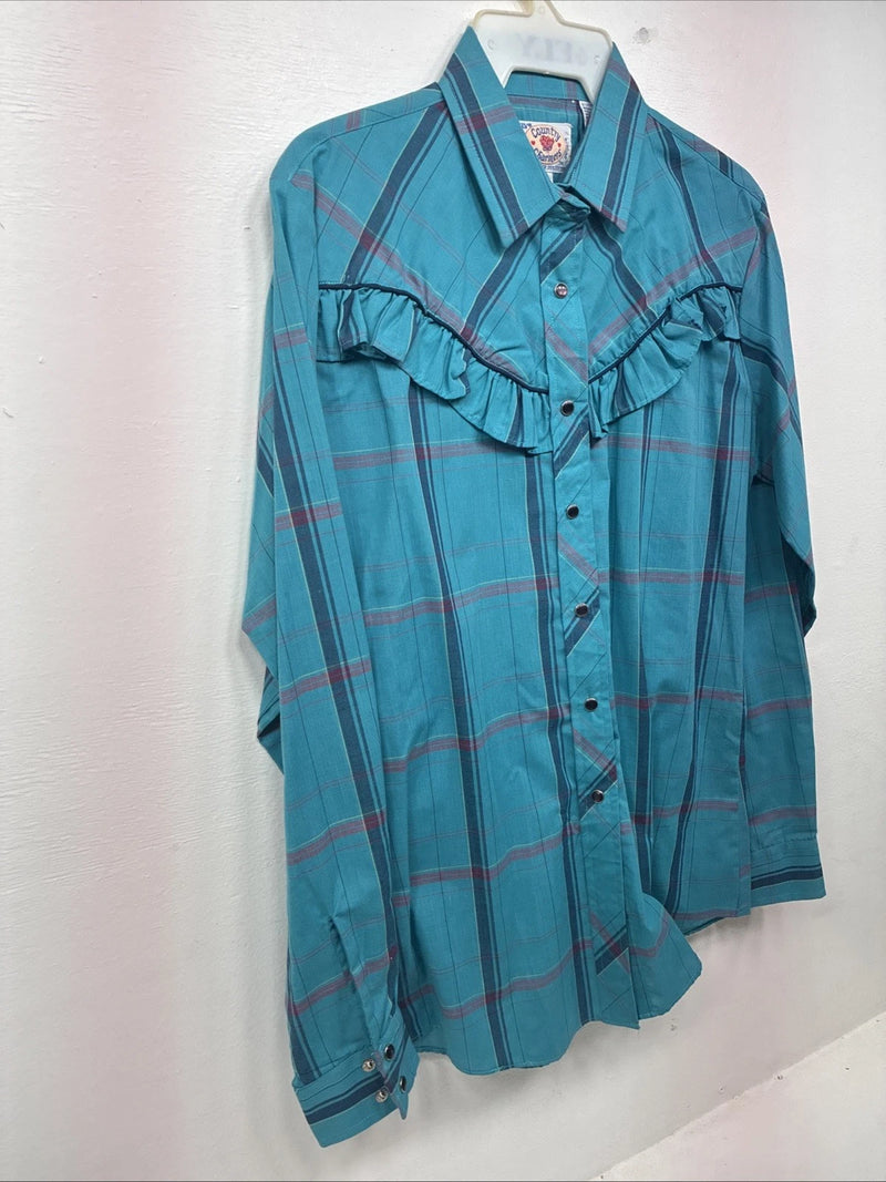 New Women’s Country Charmer Blue Plaid Long Sleeve Pearl Snap Medium KK-40
