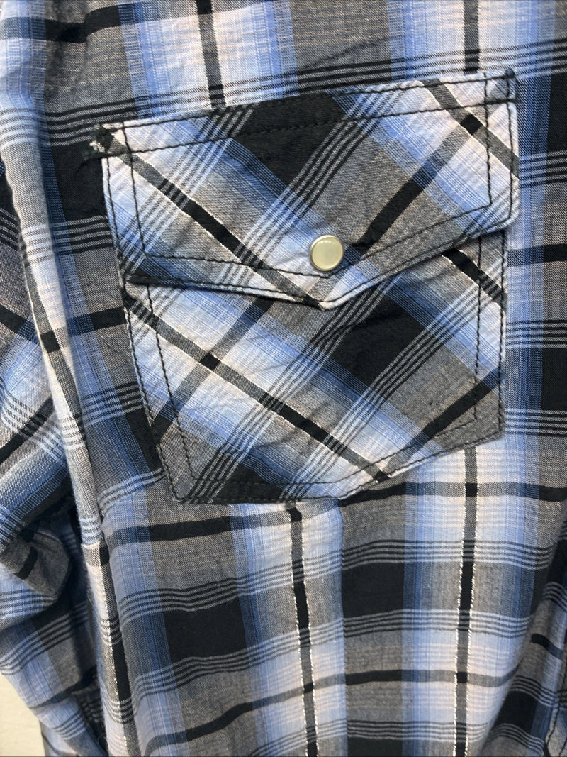 New Women’s Cumberland Blue Black Plaid Long Sleeve Pearl Snap XL GG-64