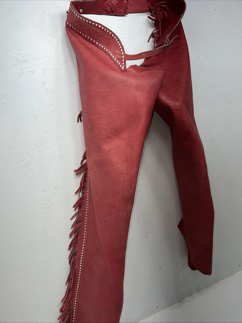 NOS Red Chap-Parel Show Chaps With Fringe Adjustable Waist 38” I-74