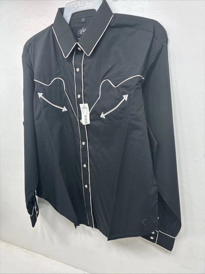 New Women’s White Horse Black Design Long Sleeve Pearl Snap Large LL-112