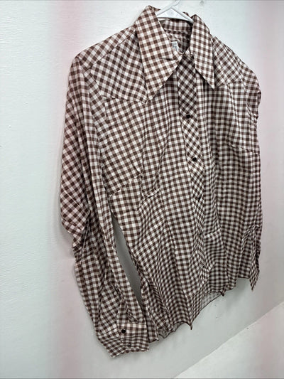 New Women’s Karman Brown Checkered Long Sleeve Pearl Snap Size 38 II-88