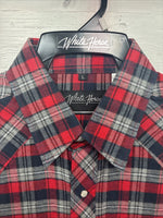 New Men’s White Horse Red Gray Plaid Long Sleeve Pearl Snap Large V-97