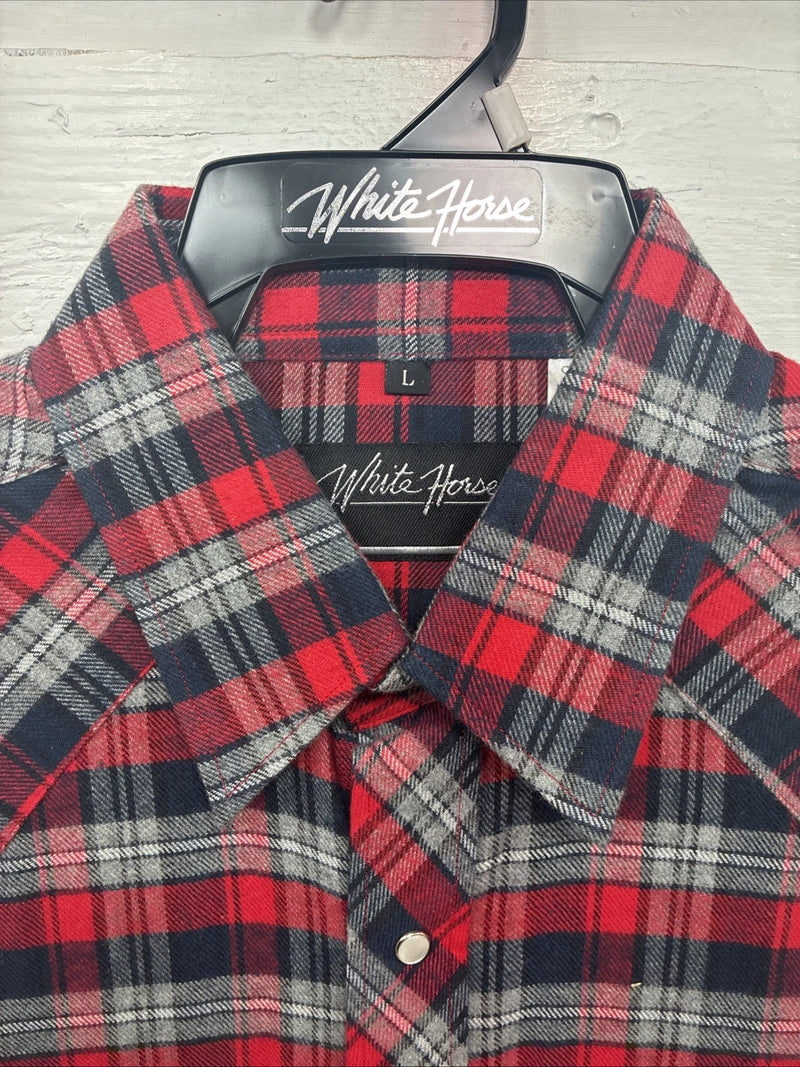 New Men’s White Horse Red Gray Plaid Long Sleeve Pearl Snap Large V-97