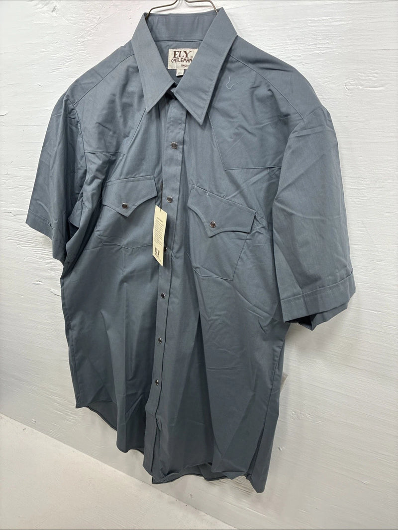 New Men’s ELY Cattleman Gray Short Sleeve Pearl Snap 16.5 Large AA-27