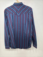 New Women’s H Bar C Blue Red Stripe Long Sleeve Pearl Snap Size 36 II-17
