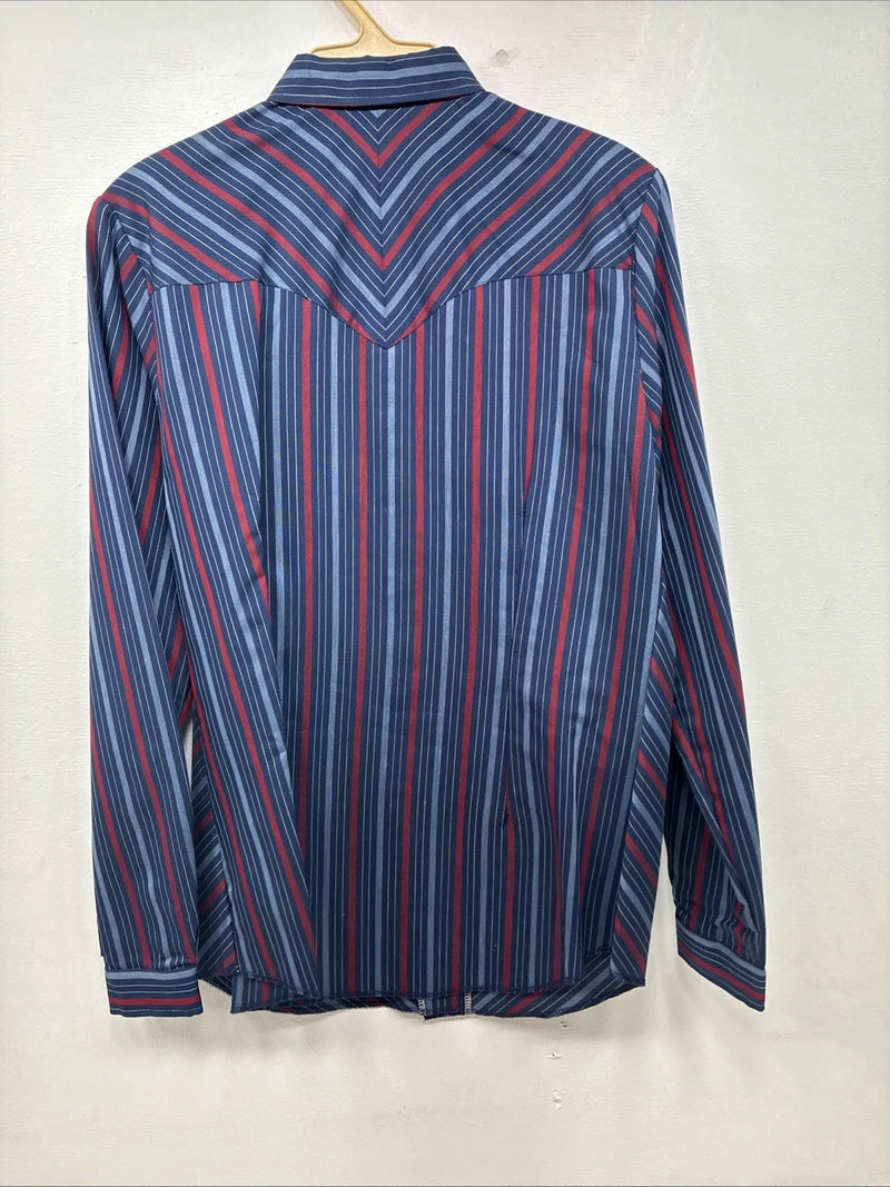 New Women’s H Bar C Blue Red Stripe Long Sleeve Pearl Snap Size 36 II-17
