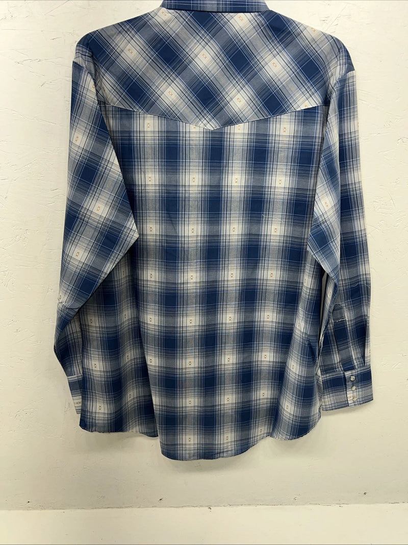New Men’s Blue Paid ELY Cattleman Long Sleeve Pearl Snap Shirt. Large P-54