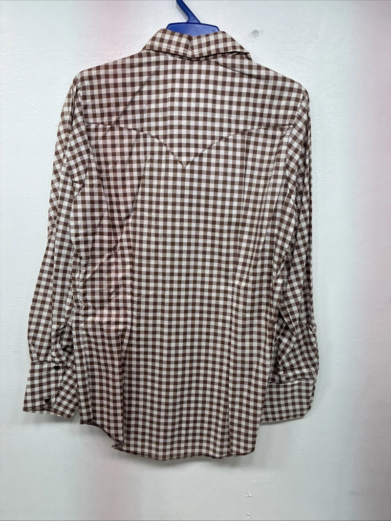 New Women’s Karman Brown Checkered Long Sleeve Pearl Snap Size 30 LL-54