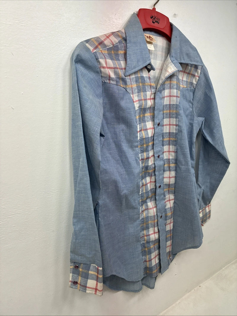 New Women’s Western Art Blue Plaid Long Sleeve Pearl Snap Size 16 TT-109