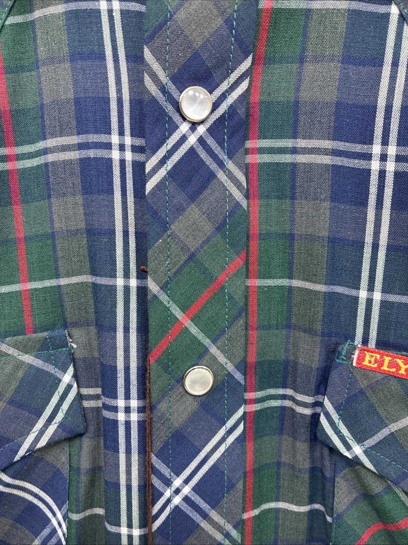 New Men’s ELY Plains Green Plaid Long Sleeve Pearl Snap 14.5 Small X-34