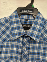 New Men’s White Horse Blue Plaid Long Sleeve Pearl Snap XL O-43