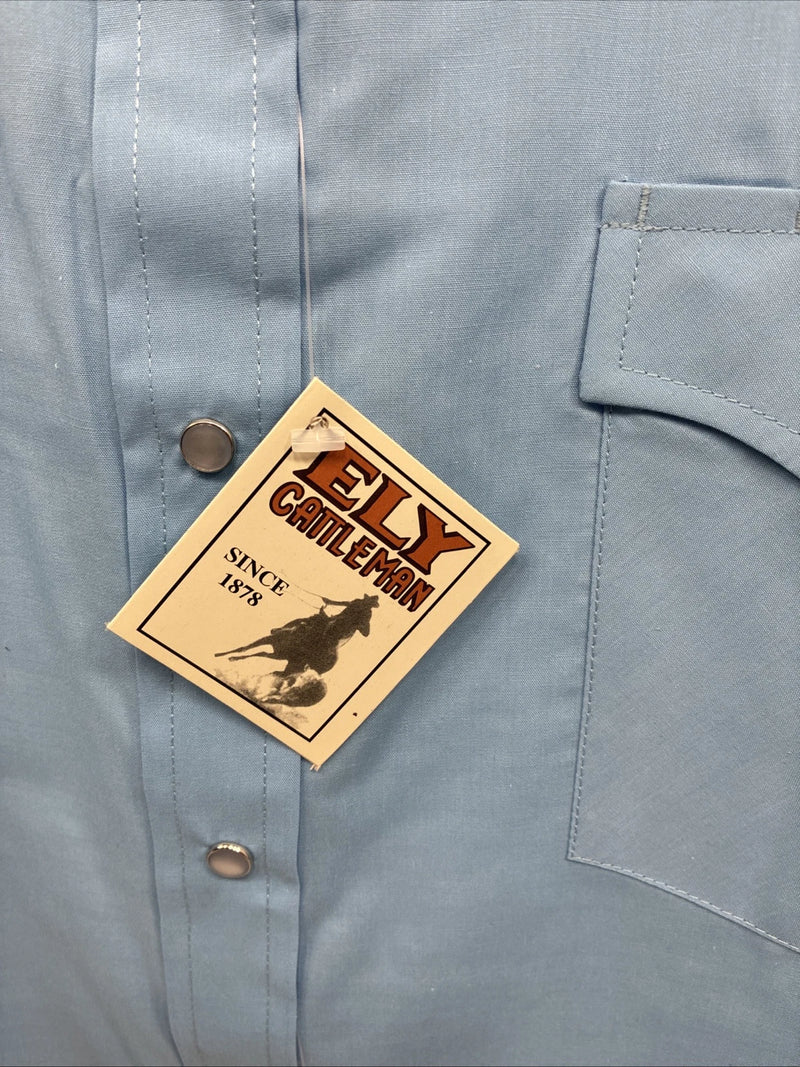 New Men’s ELY Cattleman Blue Short Sleeve Simple Pearl Snap 18 2XL F-81