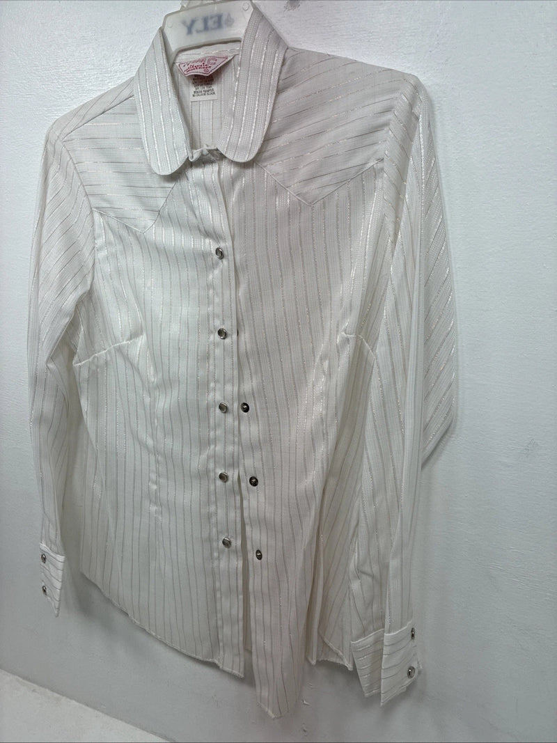 New Women’s H Bar C White Gold Stripe Long Sleeve Pearl Snap Size 40 KK-72