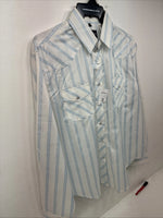 New Women’s White Horse White Blue Stripe Long Sleeve Pearl Snap Large GG-72