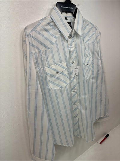 New Women’s White Horse White Blue Stripe Long Sleeve Pearl Snap Large GG-72