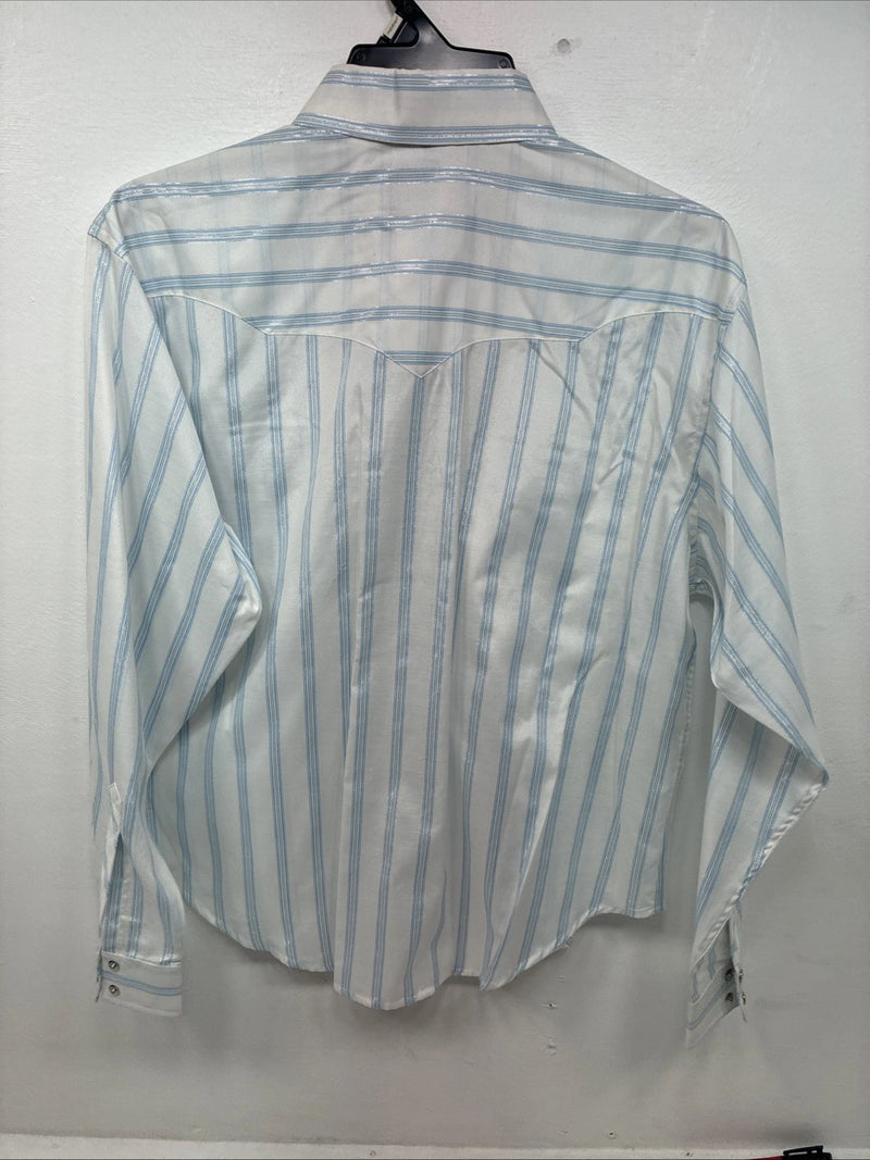 New Women’s White Horse White Blue Stripe Long Sleeve Pearl Snap Large GG-72