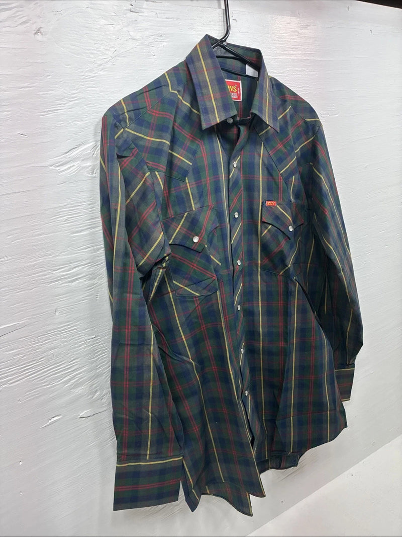 New Men’s ELY Plains Green Multicolor Plaid Long Sleeve Pearl Snap Medium M-63