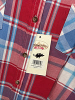 New Women’s Cumberland Red Blue Plaid short Sleeve Button Up Medium LL-51
