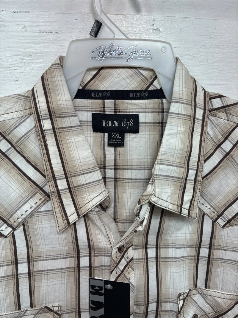 New Men’s ELY 1878 Brown White Plaid Long Sleeve Pearl Snap 2XL R-27