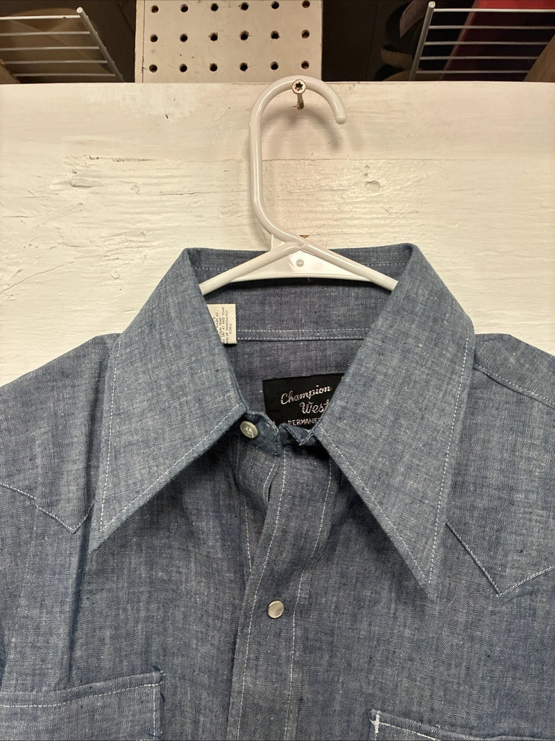 New Men’s Champion Western Jean Design Blue Long Sleeve Pearl Snap Medium M-29