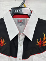 New Men’s ELY Diamond White Fire Design Long Sleeve Pearl Snap Large AA-15