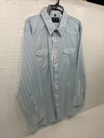 New Men’s White Horse Baby Blue Stripe Long Sleeve Pearl Snap 2XL H-49