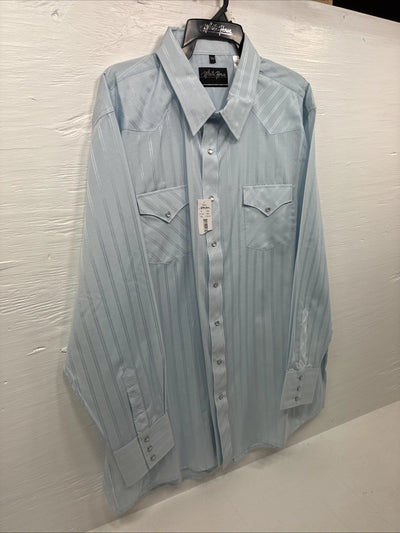 New Men’s White Horse Baby Blue Stripe Long Sleeve Pearl Snap 2XL H-49