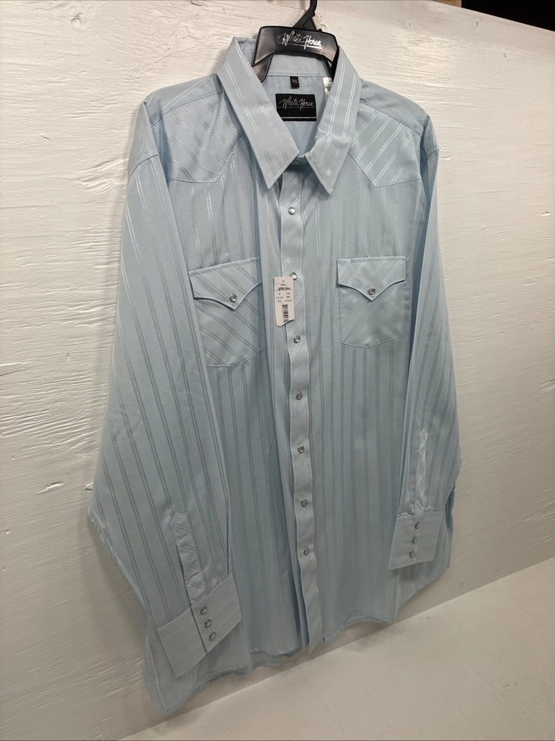 New Men’s White Horse Baby Blue Stripe Long Sleeve Pearl Snap 2XL H-49