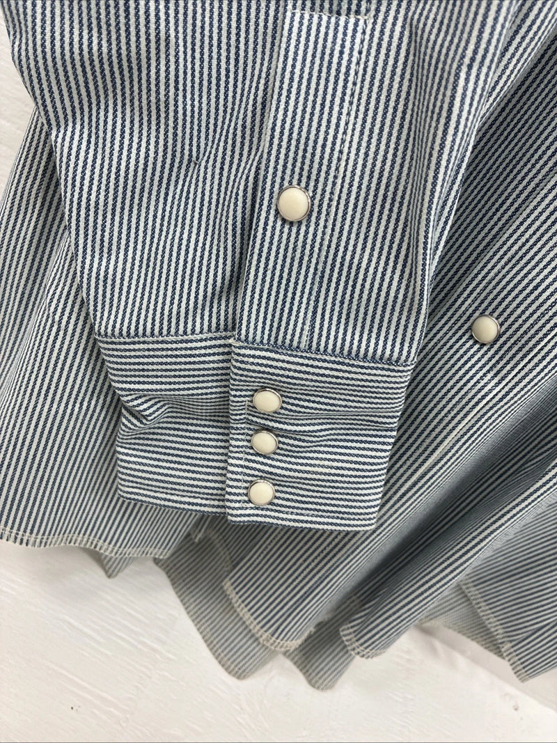 New men’s Wrangler White Black Stripe long Sleeve Pearl Snap 17.5 Large M-69