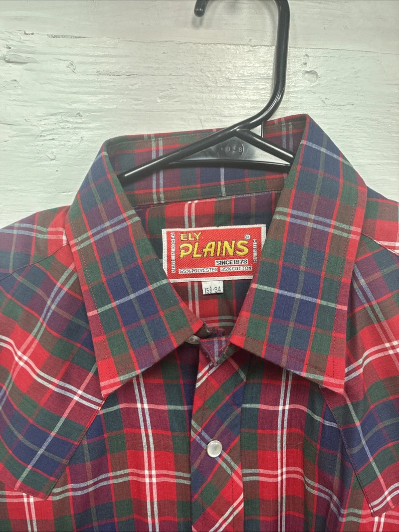 New Men’s ELY Plains Red Plaid Long Sleeve Pearl Snap 15.5 Medium T-80 
