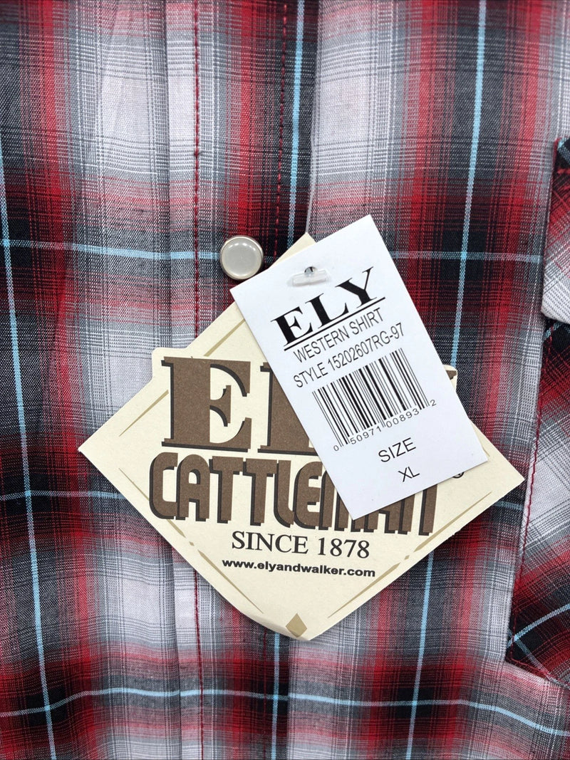 New Men’s ELY Cattleman Red Gray Plaid Short Sleeve Pearl Snap XL M-51