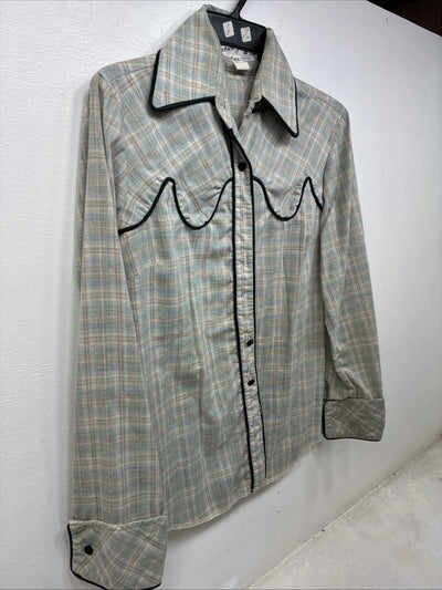 New Women’s Lady DJ Blue Plaid Long Sleeve Button Up Size 38 TT-124