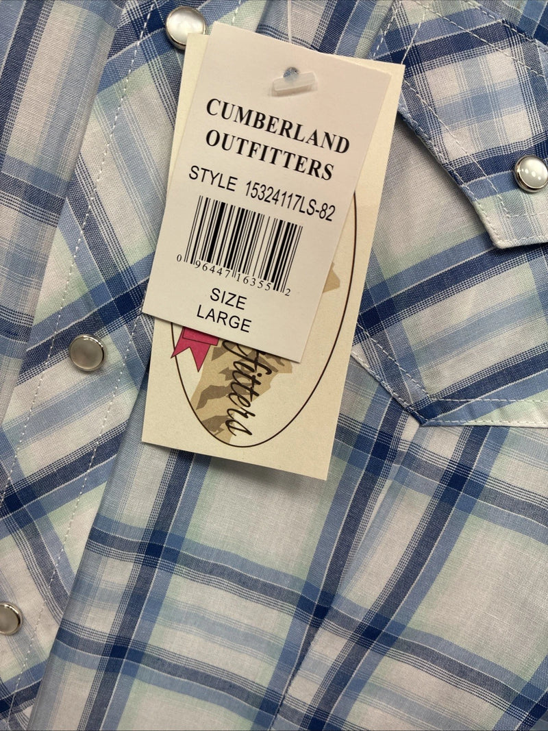 New Women’s Cumberland Blue Plaid Long Sleeve Pearl Snap Large GG-84
