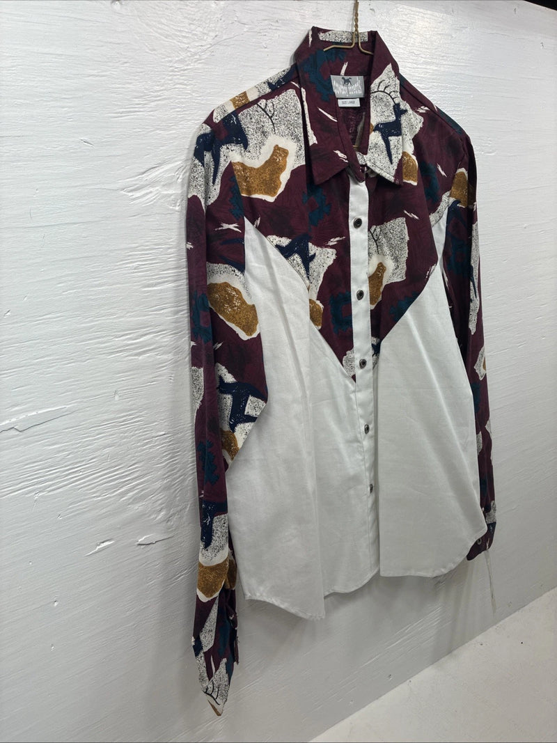 New Youth’s Cowboy Threads White Purple Design Long Sleeve Button Up Large V-74 