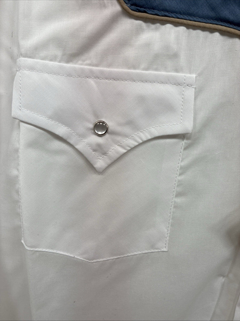 New Men’s ELY Cattleman White Blue Embroidered Long Sleeve Pearl Snap XL H-75