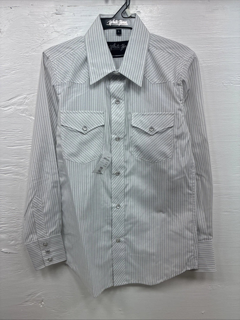 New Kids White Horse Gray Stripe Long Sleeve Pearl Snap Large DD-56